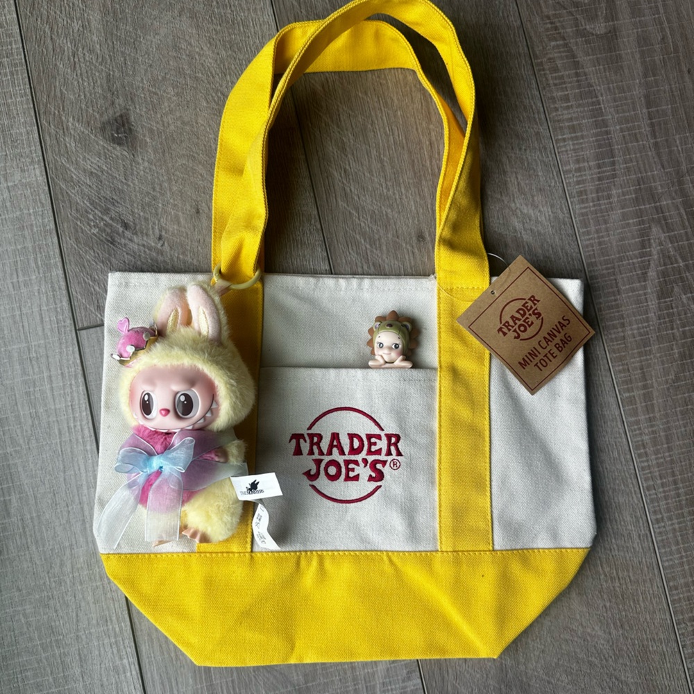 Trader Joe’s Yellow Canvas Tote Bag+ Labubu+ Sonny Angel Hippers